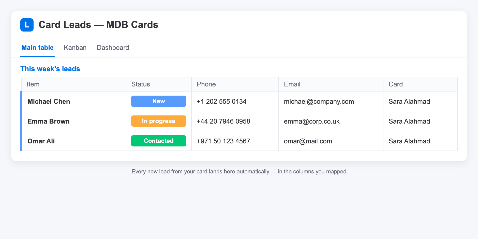 A real screenshot from MDB Cards — CRM integrations
