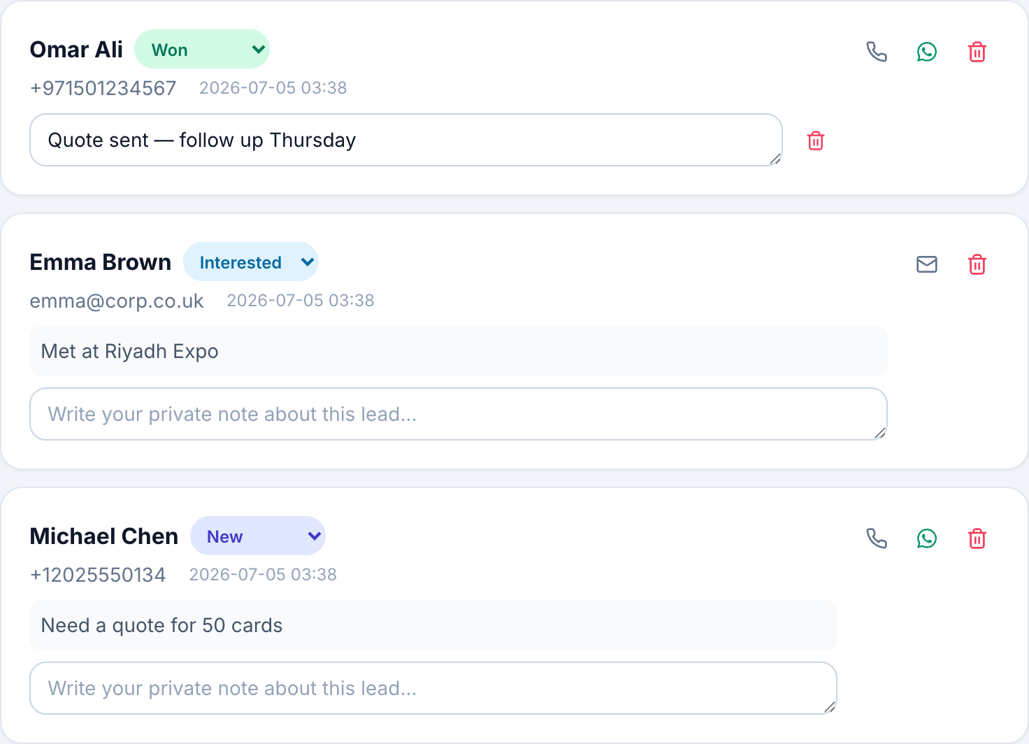 A real screenshot from MDB Cards — Capture leads